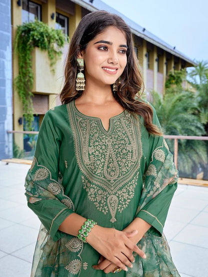Green Color Stylish Partywear Readymade Ethnic Suit