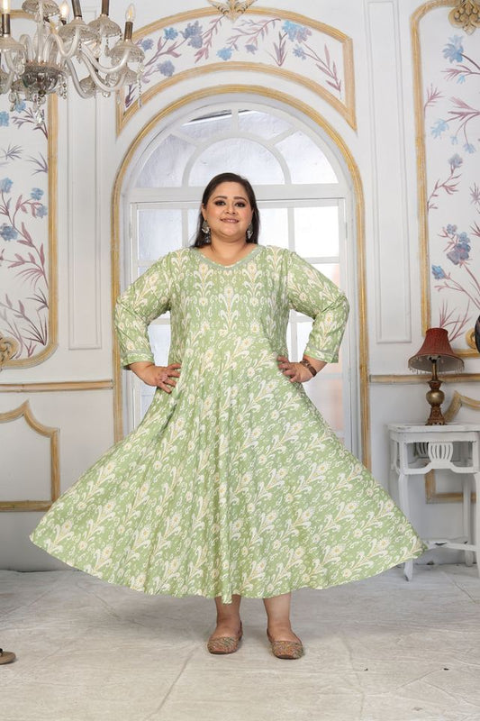 Green Color Rayon Fabric Designer Printed Plus Size Kurta For Girls
