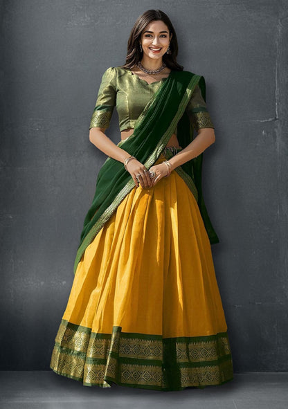 Yellow South-style Kanchipuram silk lehenga With Unstitched Blouse & Dupatta