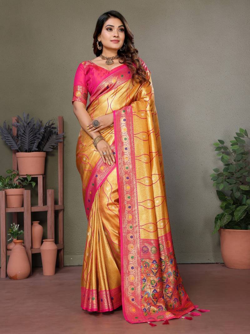 Yellow Pure Banarasi Tissue Silk With Leheriya Weaving Saree With Blouse