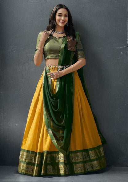Yellow South-style Kanchipuram silk lehenga With Unstitched Blouse & Dupatta