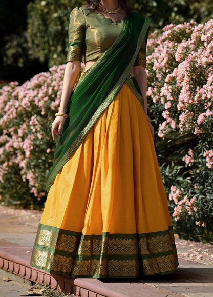 Yellow South-style Kanchipuram silk lehenga With Unstitched Blouse & Dupatta