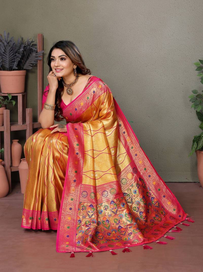 Yellow Pure Banarasi Tissue Silk With Leheriya Weaving Saree With Blouse