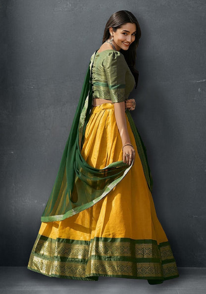 Yellow South-style Kanchipuram silk lehenga With Unstitched Blouse & Dupatta