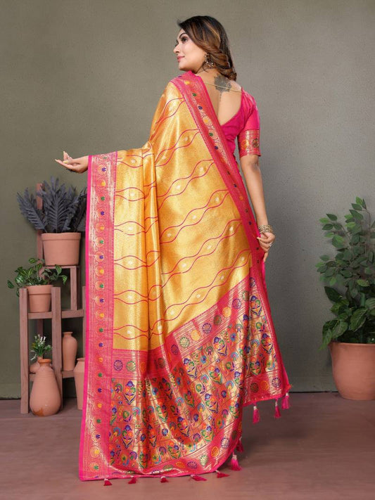 Yellow Pure Banarasi Tissue Silk With Leheriya Weaving Saree With Blouse