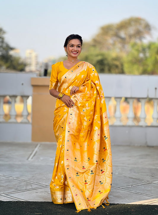 Yellow Soft Banarasi Silk Meenakari Weaving Saree With Unstitched Blouse