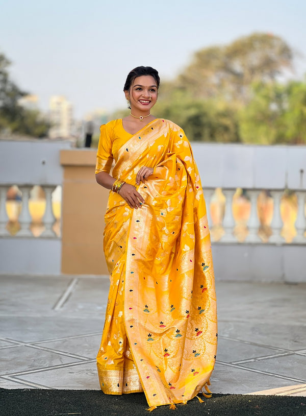 Yellow Soft Banarasi Silk Meenakari Weaving Saree With Unstitched Blouse