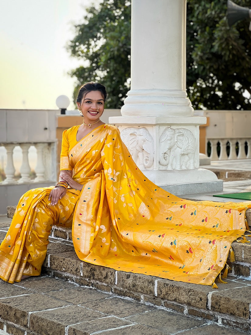Yellow Soft Banarasi Silk Meenakari Weaving Saree With Unstitched Blouse