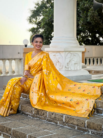 Yellow Soft Banarasi Silk Meenakari Weaving Saree With Unstitched Blouse