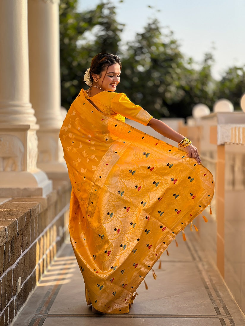 Yellow Soft Banarasi Silk Meenakari Weaving Saree With Unstitched Blouse