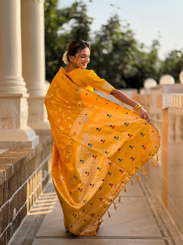 Yellow Soft Banarasi Silk Meenakari Weaving Saree With Unstitched Blouse