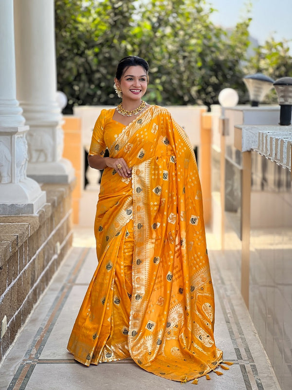 Yellow Soft Dolla Silk Meenakari Weaving Saree With Unstitched Blouse