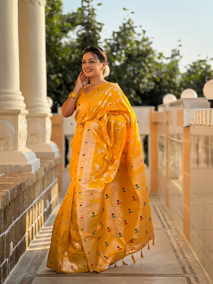 Yellow Soft Banarasi Silk Meenakari Weaving Saree With Unstitched Blouse