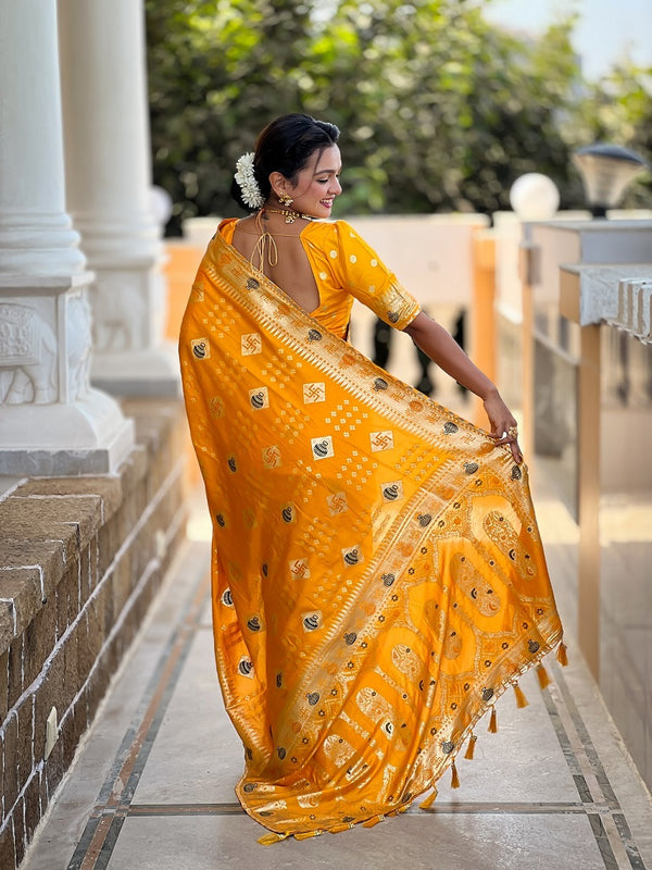 Yellow Soft Dolla Silk Meenakari Weaving Saree With Unstitched Blouse