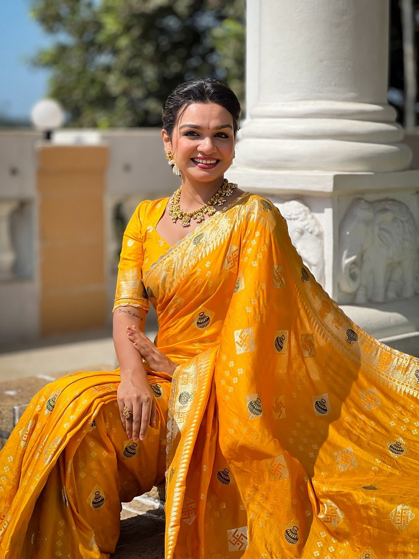 Yellow Soft Dolla Silk Meenakari Weaving Saree With Unstitched Blouse