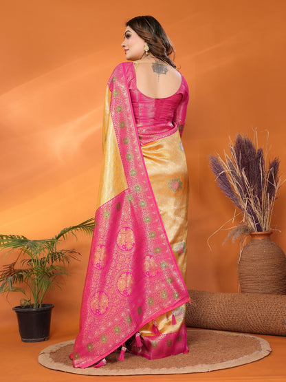 Yellow Banarasi Tissue Silk Saree With Weaving Work