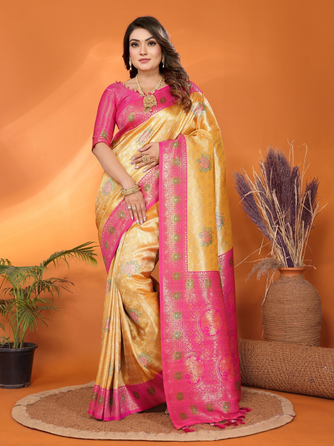 Yellow Banarasi Tissue Silk Saree With Weaving Work