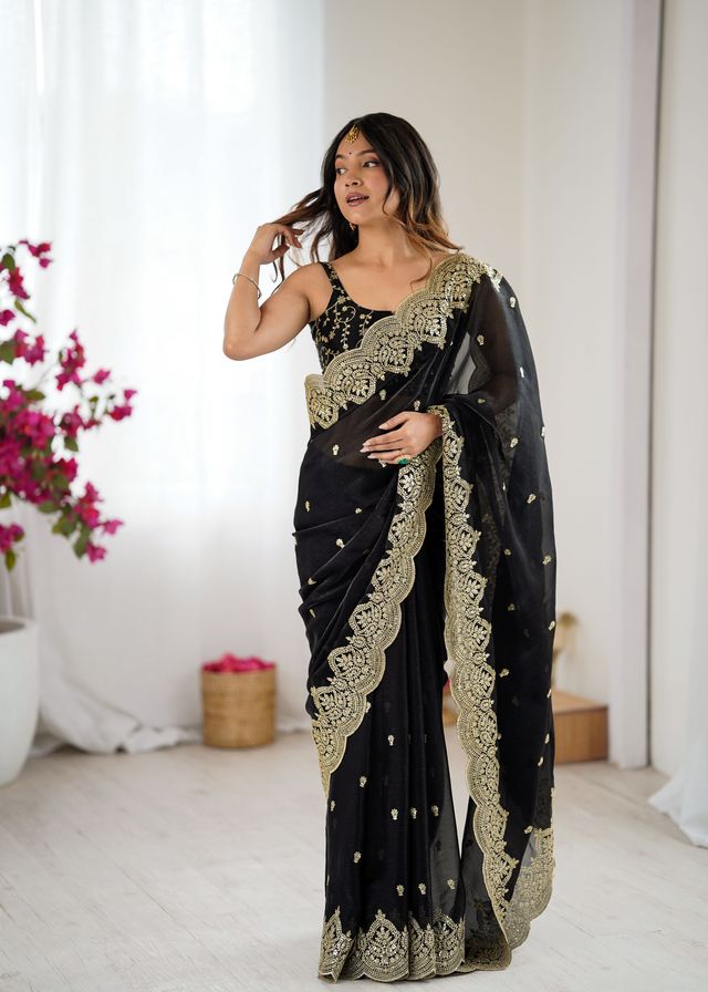 Black Color Fendy Chiffon Fabric Beautiful Embroidered Saree
