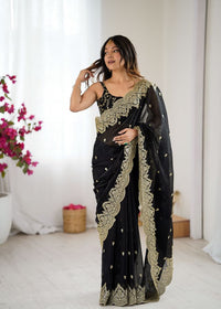 Black Color Fendy Chiffon Fabric Beautiful Embroidered Saree