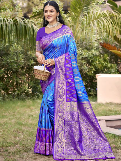 Sky blue Color Pochampalli Silk Fabric Woven designer Ethnic Partywear Saree