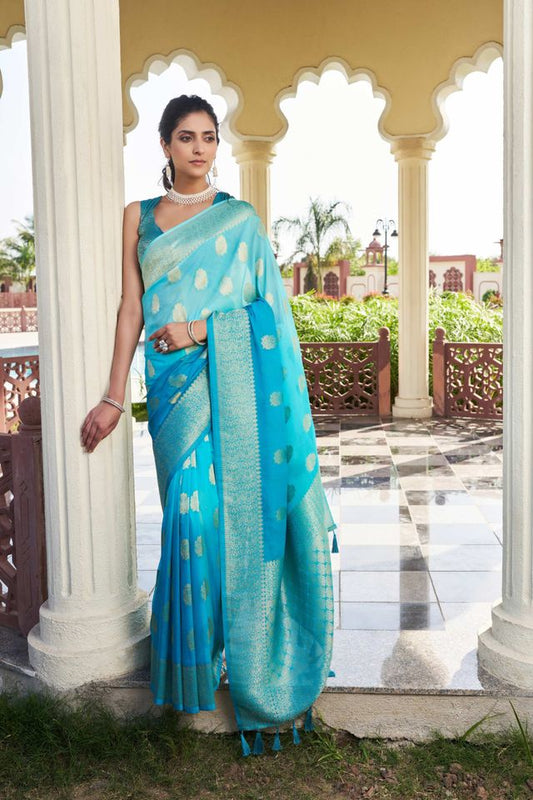 Firozi Color Georgette Fabric Heavy Wevon Designer Work Graceful Saree