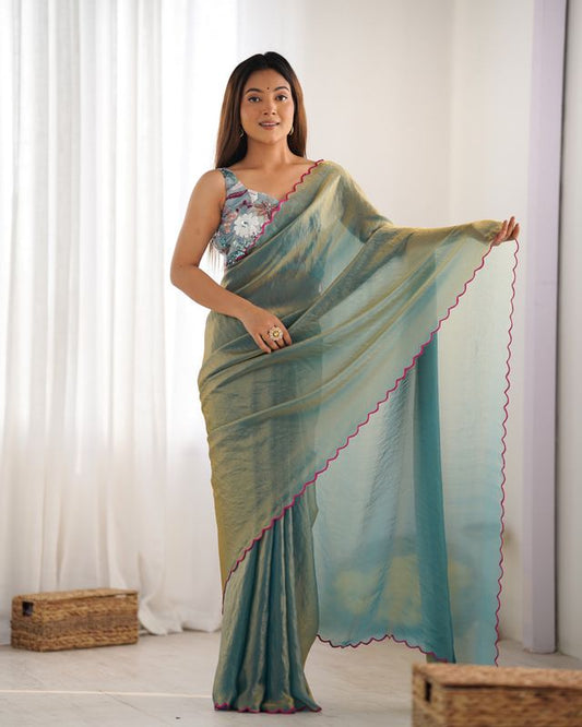 Sky Blue Color Beautiful Bollywood Style Ceremonial Saree With Beeds Work Blouse