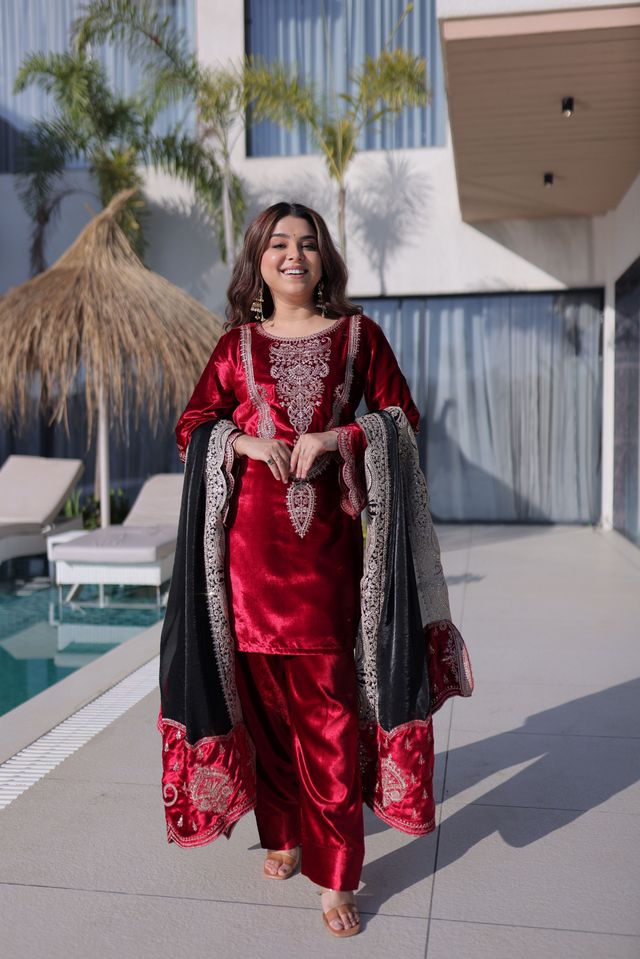 Red Color Ice Velvet Fabric Ethnic Heavy Embroidered Ceremonial Suit With Dupatta