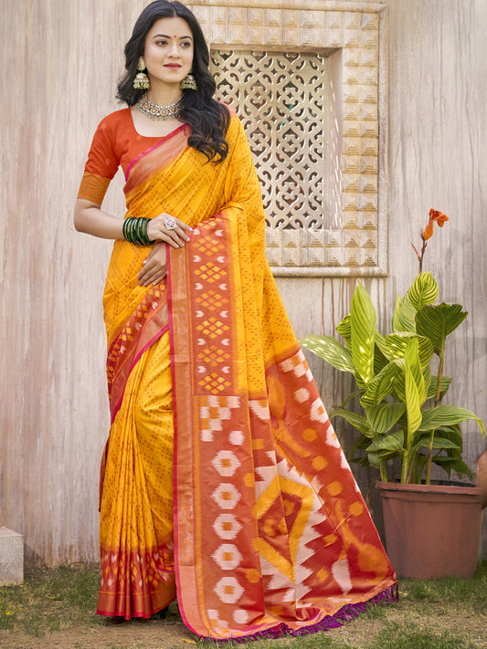Yellow Pochampalli Silk Saree with Floral Printed Work with Blouse