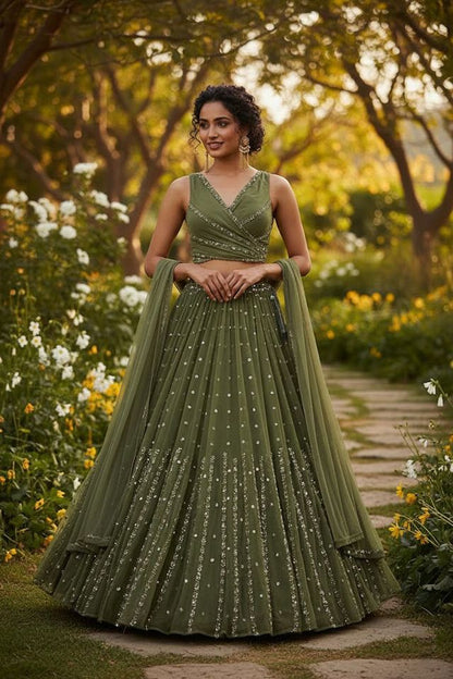 Embroidered Wedding Lehenga Set for Women HKV-00270 MEHNDI GREEN