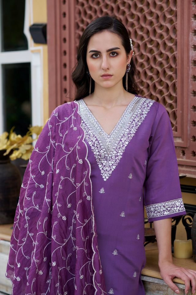 Purple Color Silk Blend Fabric Smart Embroidered Girlie Trendy Salwar Suit