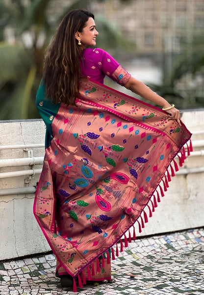 Rama Color Soft Silk Fabric Woven Meenakari Designer Ethnic Partywear Saree