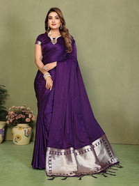 Violet Color Satin Silk Fabric Ethnic Woven Lagdi Pallu Designer Saree