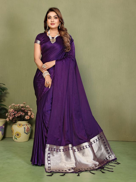 Violet Color Satin Silk Fabric Ethnic Woven Lagdi Pallu Designer Saree