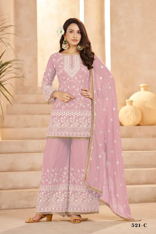 Pink Georgette All Over Cotton Thread & Sequins Work Palazzo Sets Size upto 44