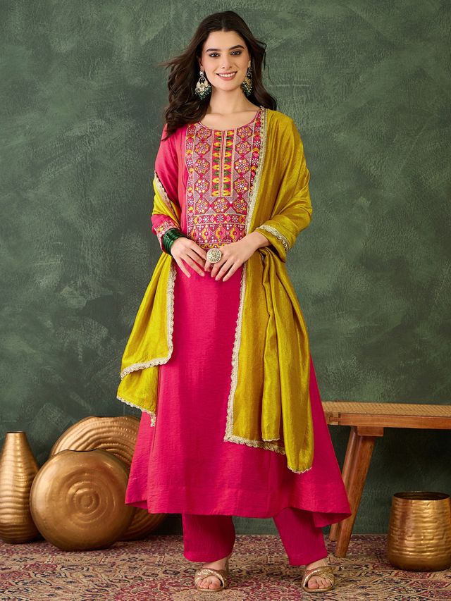 Gajri Color Vichitra Silk Fabric Designer Embroidery Work Graceful Partywear Suit