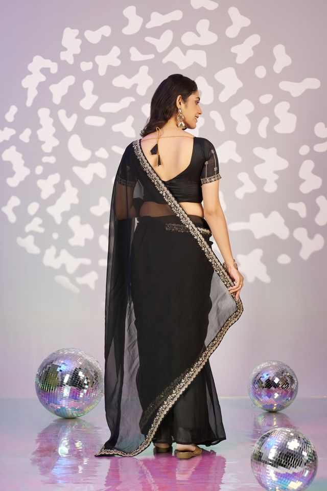 Black Color Ethnic Embroidered Simmer Chiffon Fabric Girlie Partywear Saree
