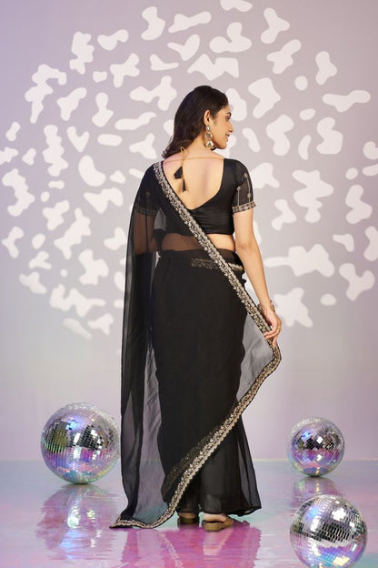Black Color Ethnic Embroidered Simmer Chiffon Fabric Girlie Partywear Saree