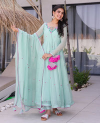 Sea Green Color Beautiful Readymade Dress On Georgette Fabric For Graceful Girlie Looks
