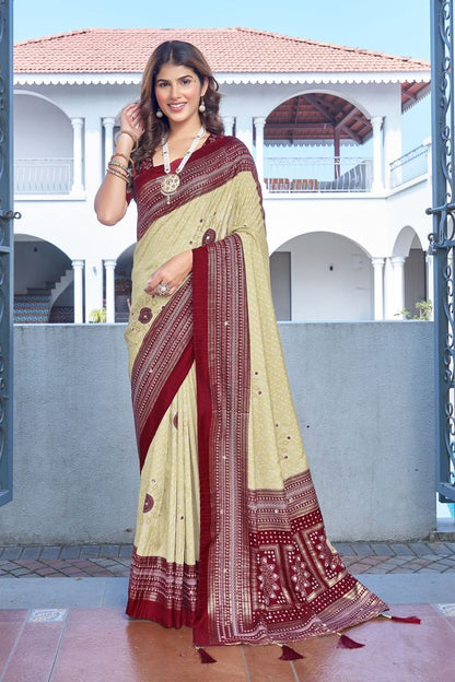 Beige Color Velvet Tussar Silk Fabric Tradtional Woven Saree With Bandhej Print