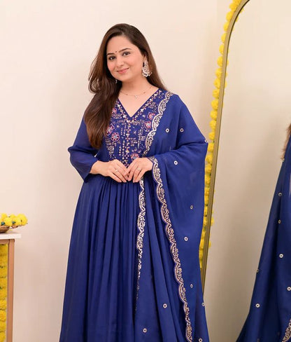 BlueColor Chanderi Silk Fabric Designer Embroiderd Stitched Suit