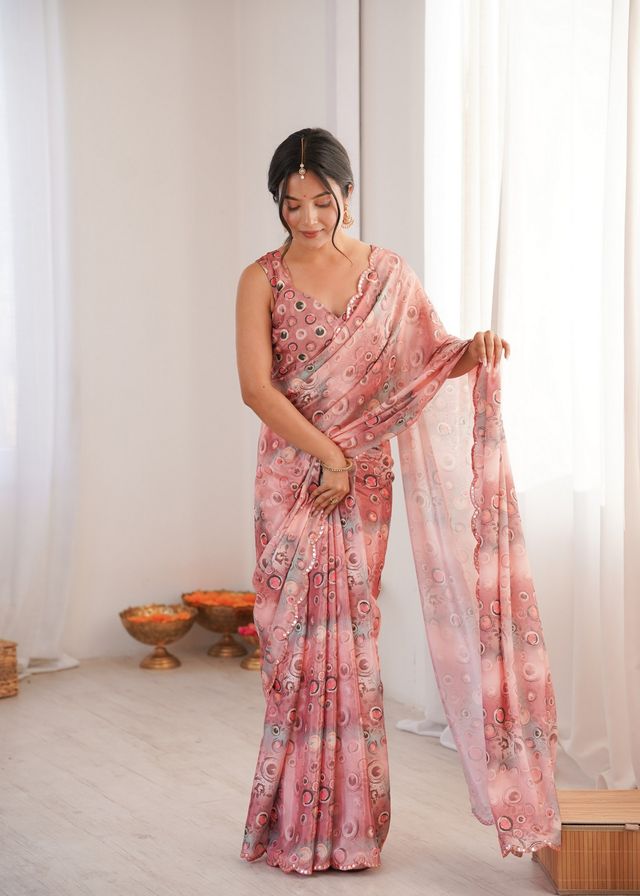 Peach Color Chinon Fabric Digital Print Smart Ethnic Saree
