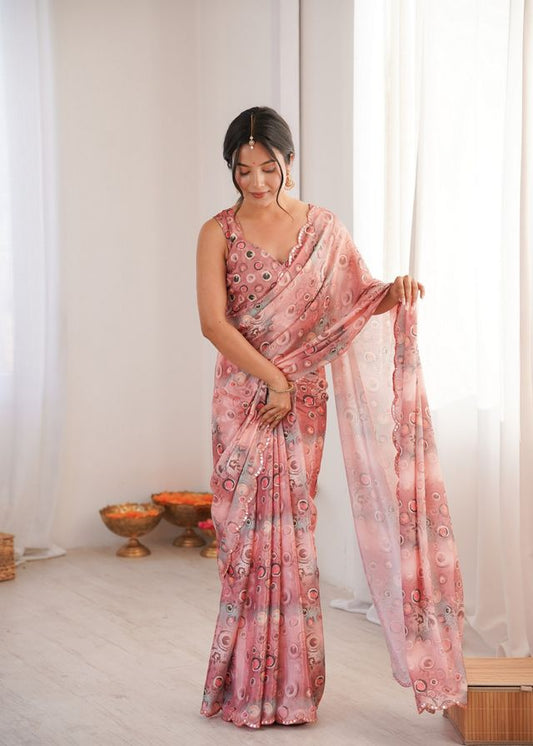 Peach Color Chinon Fabric Digital Print Smart Ethnic Saree