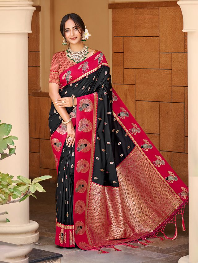 Black Color Ethnic Woven Designer Partywear Saree