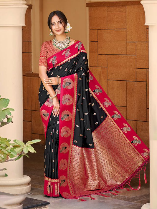 Black Color Ethnic Woven Designer Partywear Saree