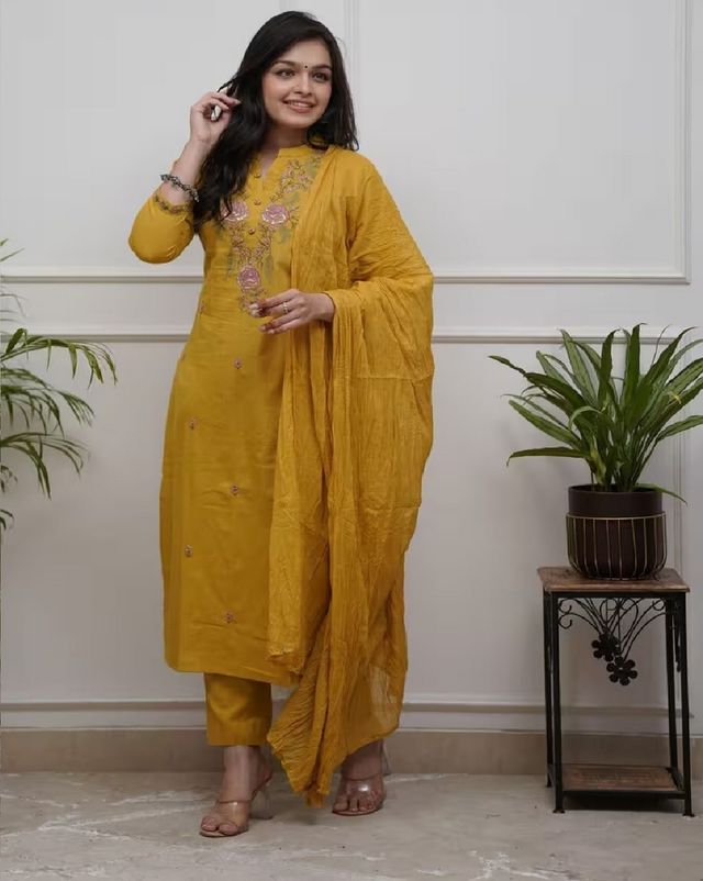 Mustard Color Ethnic Cotton Silk Fabric Readymade Kurta Set With Dupatta
