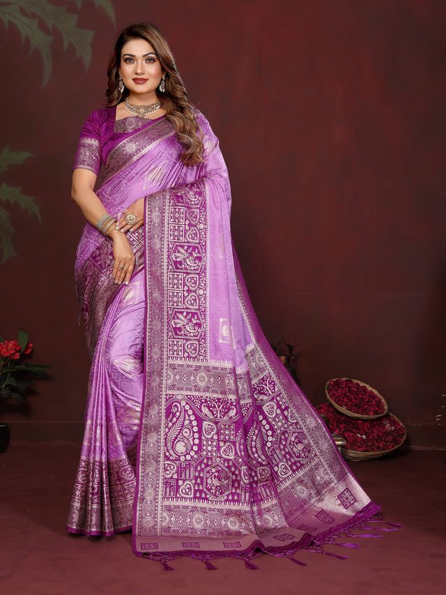 Lavender Color Satin Silk Fabric Woven Jari Designer Graceful Partywear Saree