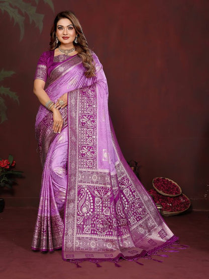 Lavender Color Satin Silk Fabric Woven Jari Designer Graceful Partywear Saree