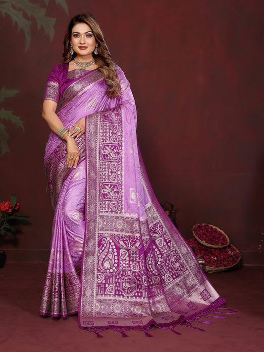 Lavender Color Satin Silk Fabric Woven Jari Designer Graceful Partywear Saree