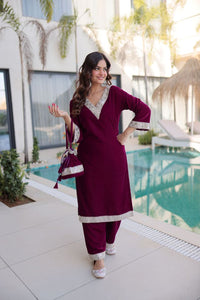 Wine Color Geaceful Festive Special Velvet Fabric Readymade Suit With Batwa