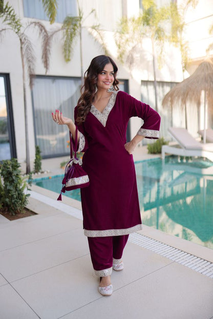 Wine Color Geaceful Festive Special Velvet Fabric Readymade Suit With Batwa